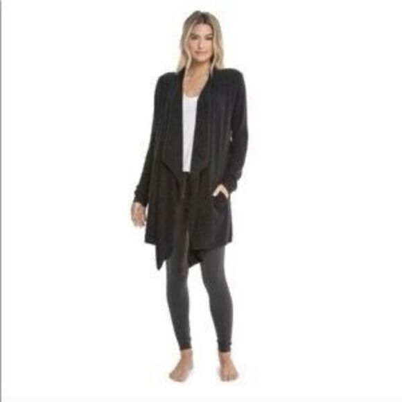 Barefoot Dreams Cozychic S/M Lite Island Wrap Cardigan Black Pockets Open Front - Picture 3 of 16